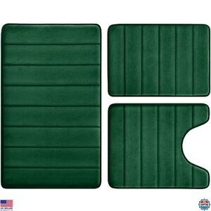 Dark Green Memory Foam Bath Rug Set 3PC Non-Slip Soft Absorbent Machine Washable